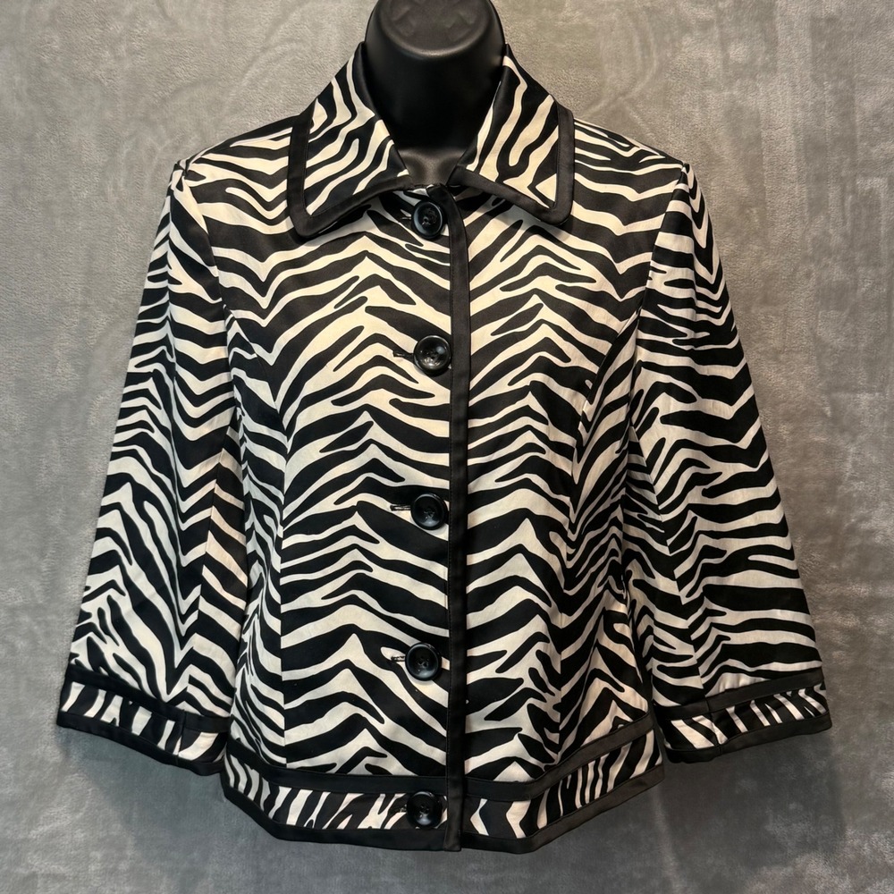 Scott Taylor Petite Zebra Print Button Front Jacket Black White Size PS